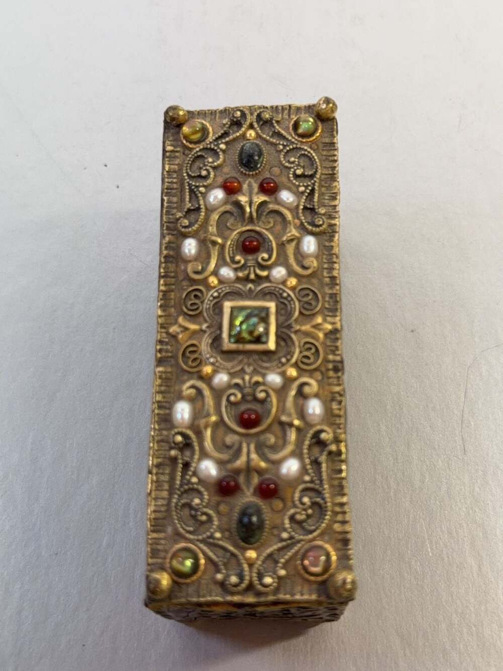 Michal Golan Vintage‎ Gold Tone Filigree Mezuzah Case with Cabochons and Pearls